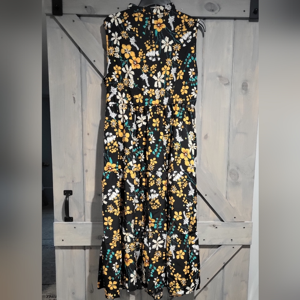 Floral Shirred Mock Neck Cut Out Pocket Ruffle Hem Dress - Picture 10 of 15